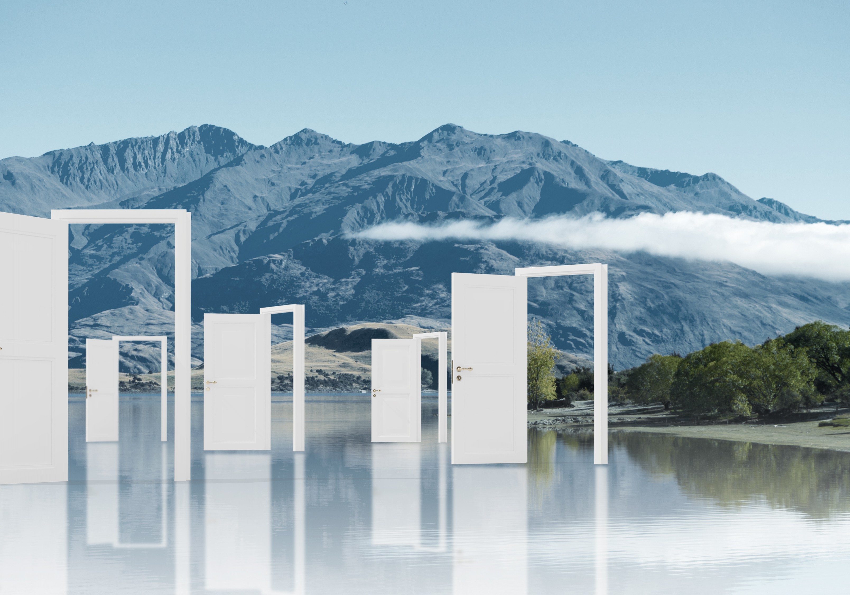 Conceptual image with opened doors as new way entrance to new world